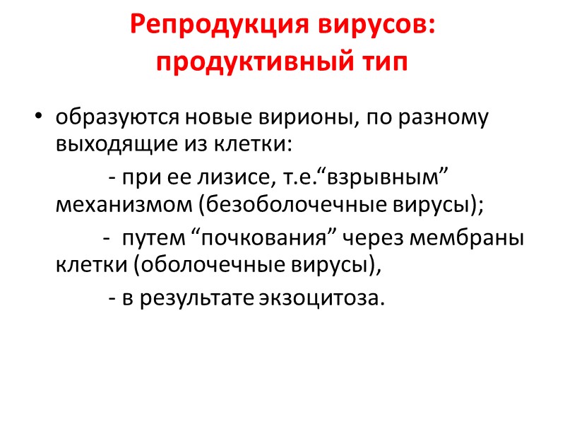 Репродукция вирусов: продуктивный тип   образуются новые вирионы, по разному выходящие из клетки: